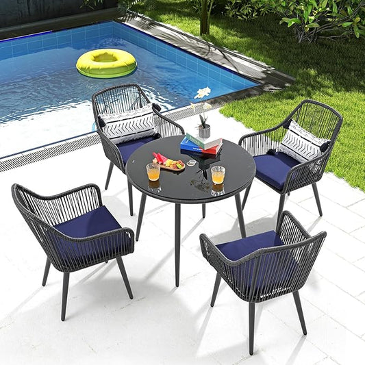 Patiorama 5-Piece Patio Dining Set, Outdoor Dining Table Chair Set, All-Weather Twisted Rattan Wicker Rope Conversation Set, Patio Furniture Set w/Umbrella Hole, 4 Cushioned Chairs&Glass Table(Blue)