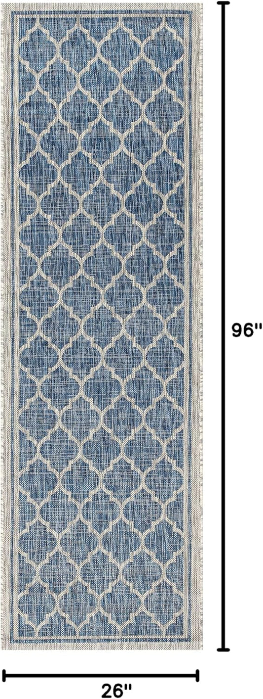 Eyely BMS109D-28 Santa Monica Trebol Moroccan Trellis Textured Weave Indoor/Outdoor Runner Rug Coastal;Bohemian, Bedroom, Backyard, Patio, Easy-Cleaning, Non-Shedding, 2 X 8, Navy/Gray