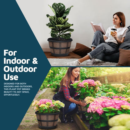 10-Inch Whiskey Barrel Planters Outdoor Pack of 4, Plastic Decoration Plant Pots for Indoor & Outdoor Use with Drainage & Saucer, Rustic Garden Planters for Flowers, Small Plants & Herbs