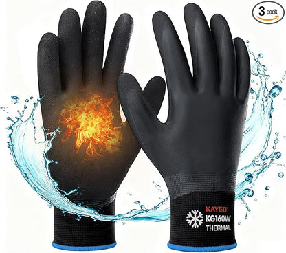 KAYGO Winter Waterproof Work Gloves for Men and Women, 3 Pairs Thermal Insulated Freezer Rubber Coated Gloves,Super Grip,KG160, M, Black