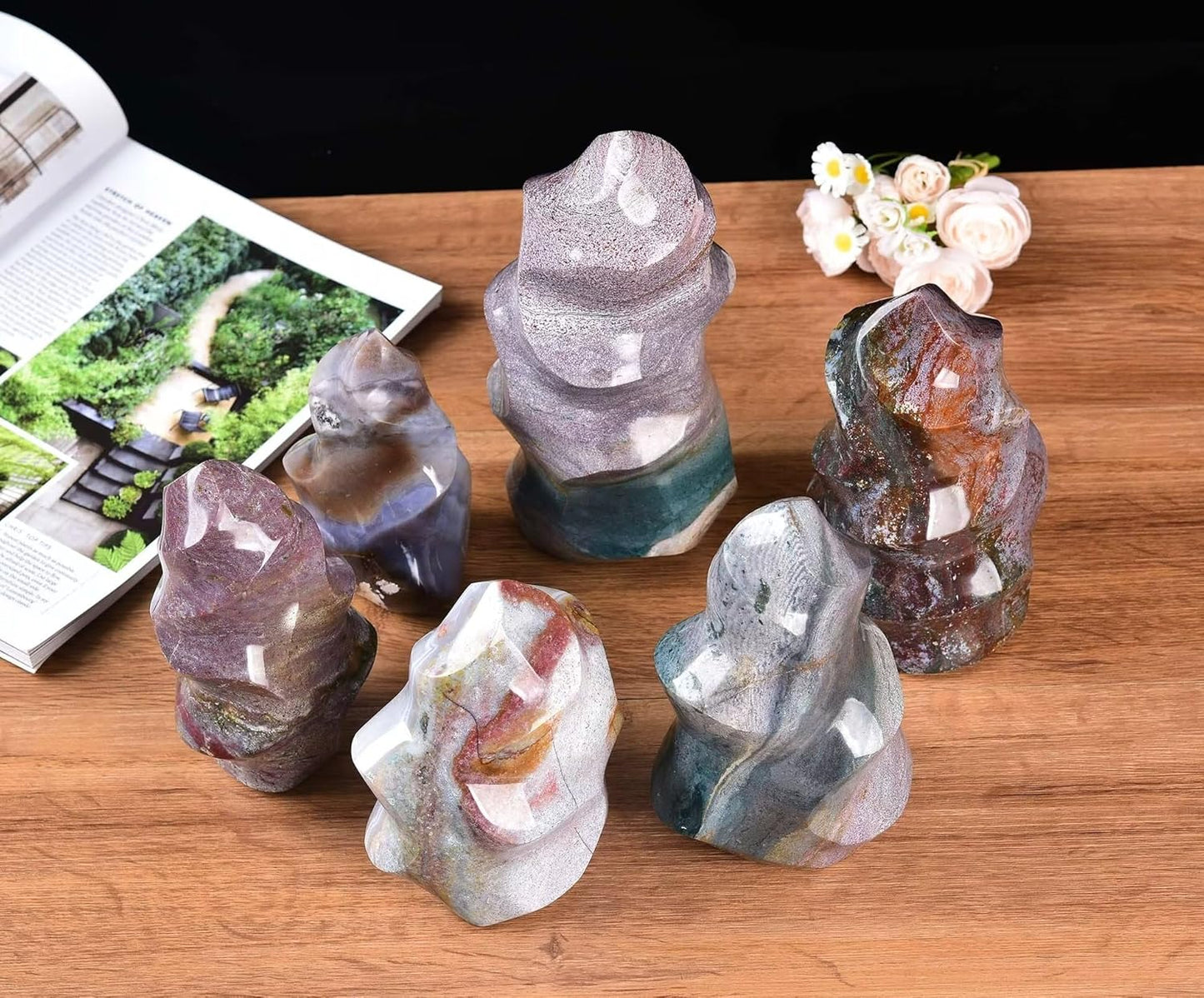 AMOYSTONE Ocean Jasper Flame Shaped Stone Towers Obelisk Natural Healing Crystal Quartz Reiki Energy Decoration Home Office Decor 2.8-3.3LBS