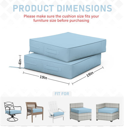Patio Chair Cushions 19 X 19 X 4 Inch Waterproof Outdoor Seat Cushions for Patio Furniture, Outdoor Sofa Couch Pads with Ties & Handle, Set of 2, Light Blue