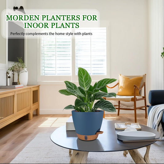 2 Pack 8 inch Plant Pots, Plastic Self Watering Planters with Drainage Holes, Deep Reservoir, Water Level Indicator, Modern Decorative Flower Pots for Indoor Outdoor Plants (Navy Blue, 8 inch)