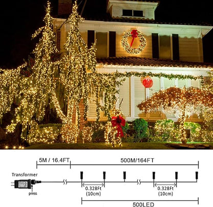 weillsnow 164 FT 500 LED Christmas Lights Outdoor, Waterproof Christmas Fairy Lights with Timer, Plug in Warm White LED String Lights with 8 Modes for Bedroom Wedding Party Xmas Decoration