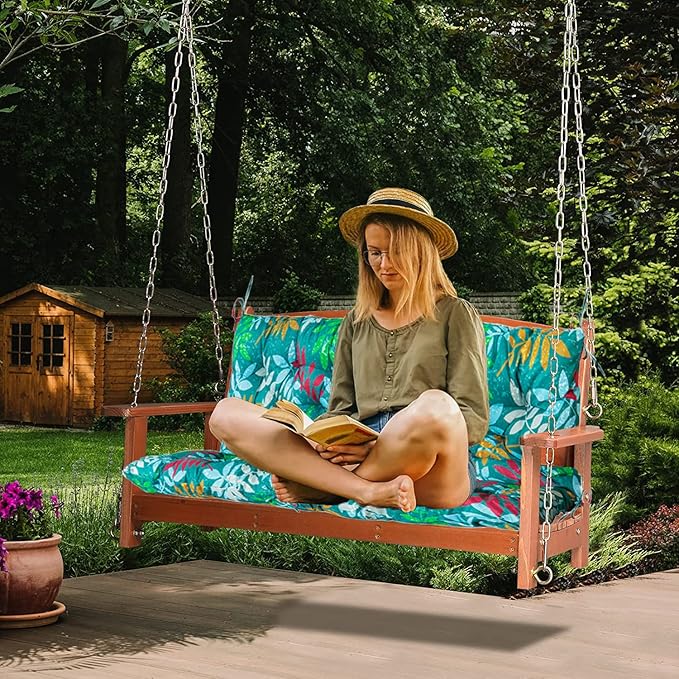 Swing Replacement Cushions with Backrest, 2 or 3 Seater Waterproof Non-Slip Overstuffed Swing Pad, Indoor/Outdoor Bench Cushion for Porch Chair Swings Garden Furniture (Flower color, 40 * 71 in)