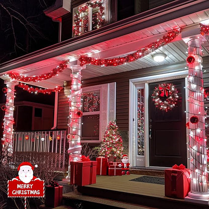 JMEXSUSS 2 Pack Red and White Christmas Lights, Each 100 LED 33ft Solar String Lights Outdoor Waterproof, 8 Modes Green Wire Solar Lights for Outside Tree Garden Patio Party Decoration