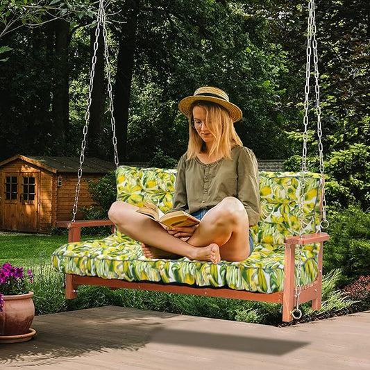 Swing Replacement Cushions with Backrest, 2 or 3 Seater Waterproof Non-Slip Overstuffed Swing Pad, Outdoor Bench Cushion for Porch Chair Swings Garden Furniture (Botanical yellow, 40 * 63 in)