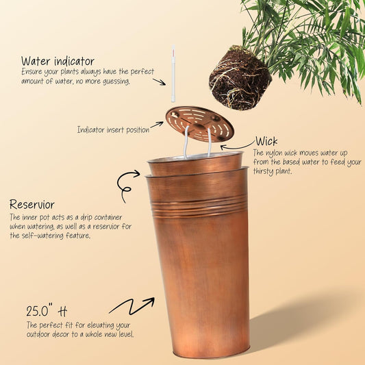 KOL 25'' Tall Galvanized Steel Planter Pot with Water Level Indicator - 2-Pack Self Watering Planters Flower Pot for Plants - Round Powder Metal Planter Box - Indoor Outdoor Grande Plant - Bronze
