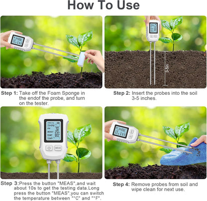 5-in-1 Soil Tester with Dual Probe, Digital Moisture Meter, pH/Temperature/Sunlight/Fertility Tester, Compact & Modern Design, for Lawn, Farming & Outdoor Plants (3*AAA Battery Required)