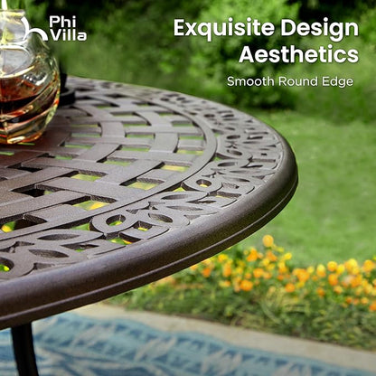 PHI VILLA Patio Dining Set for 6 Person, 7 Piece Cast Aluminum Outdoor Table Chair Set with 54" Dia Cast-Top Aluminum Table(2.1" Umbrella Hole) and 6 Extra Wide Dining Chairs with Seat Cushions