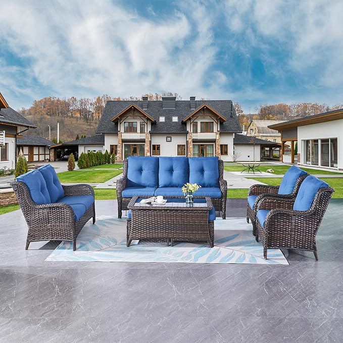 Outdoor Patio Furniture Sofa Set - 7 Piece Rattan Wicker Patio Sectional Conversation Sets with 1 Sofa,1 Loveseat,1 Coffee Table,2 Armrest Chairs and 2 Ottomans for Porch Deck Garden(Brown/Blue)