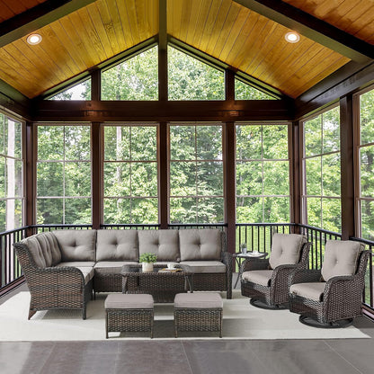 Outdoor Furniture Sectional Sofa L Shaped Couch - Patio Wicker Set with 2 Swivel Glider Chairs, 8 Piece Rattan Patio Conversation Sets with Gray Cushion for Deck Backyard Sunroom Grey Cushion