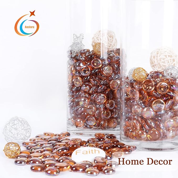 5LB Fire Glass Beads Flat Glass Marbles for Outdoor Fire Pit and Fireplace, Glass Gemstones for Vase Filler, Aquariums, Hydroponics Plants, Home Decor and Christmas DIY Craft, Amber