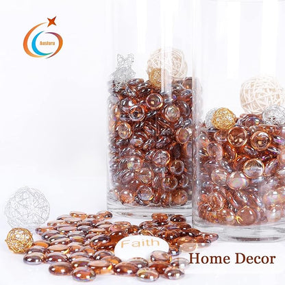 5LB Fire Glass Beads Flat Glass Marbles for Outdoor Fire Pit and Fireplace, Glass Gemstones for Vase Filler, Aquariums, Hydroponics Plants, Home Decor and Christmas DIY Craft, Amber