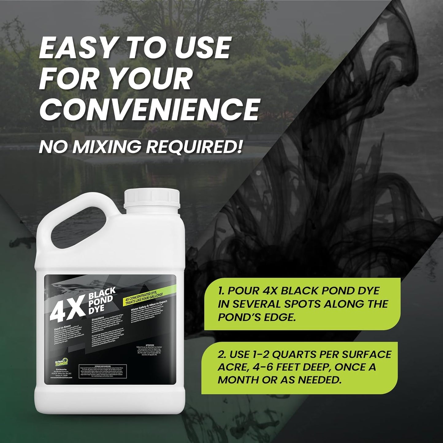1 Gallon Reflective Black Pond Dye, 4X Concentrate Pond Dye Black, Natural Looking and Long Lasting Liquid Lake Colorant, Protects Against Sunlight - Ideal for Fish, Birds, and Wildlife