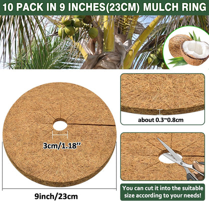 ZeeDix 10 Pack 9 Inch Coconut Fiber Mulch Ring, 100% Natural Coco Coir Tree Ring Mulch Mat Plant Protector Mat, Coconut Coir Discs Plant Pot Soil Cover for Indoor Outdoor Plants, Flower Pot Decoration