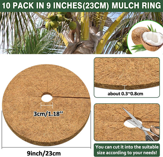 ZeeDix 10 Pack 9 Inch Coconut Fiber Mulch Ring, 100% Natural Coco Coir Tree Ring Mulch Mat Plant Protector Mat, Coconut Coir Discs Plant Pot Soil Cover for Indoor Outdoor Plants, Flower Pot Decoration
