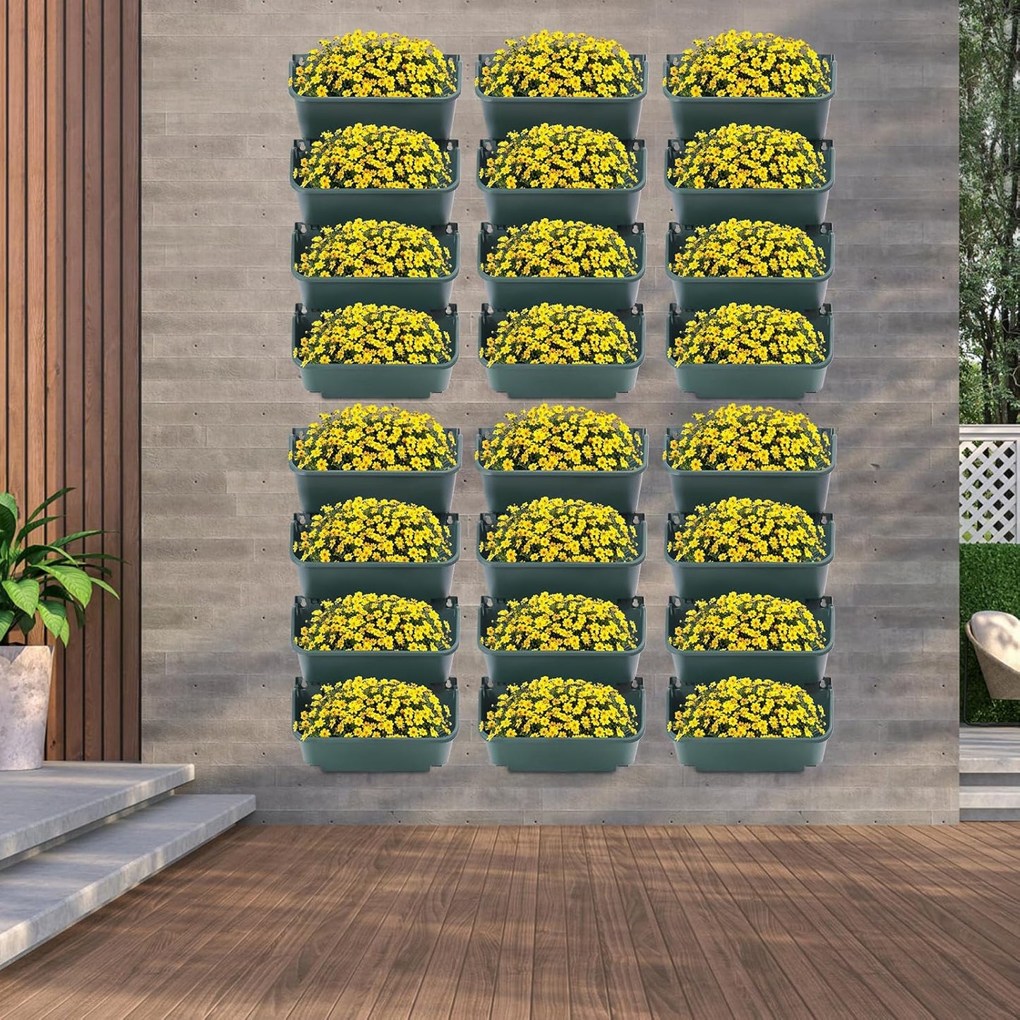 Vertical Wall Planter with 24 Plastic Pots, Wall-Mounted Garden Planter Stackable Wall Hanging Flower Pot Clasp Design with Grooves Drainage Holes for Indoor and Outdoor (Army Green 24)
