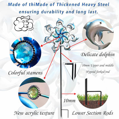 39" Dolphin Wind Spinners Metal Windmill Garden Stake,Ocean Theme Outdoor Wind Spinner,Wind Sculptures Yard Art Decorations for Patio,Lawn & Garden Decor