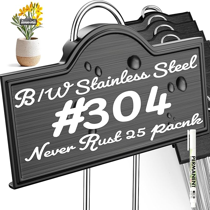 Stainless Steel 304 Plant Labels Weatherproof, Metal Garden Label Tall Markers 25 Pack for Outdoor Plants Vegetables Herb Seedlings Flowers with a Pen, Label Area 3.74'' x 1.39'' Height 10.75 Inch
