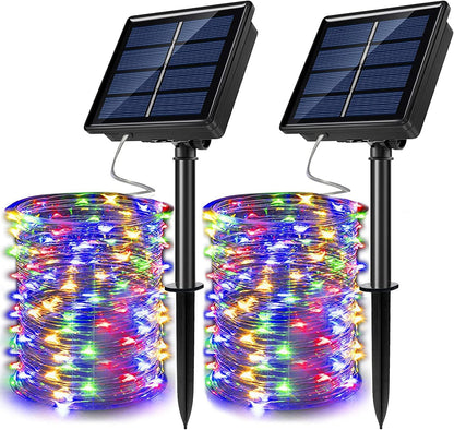 2 Pack Solar Powered Fairy String Lights Outdoor Waterproof 8 Modes Twinkle Christmas Decorations Lights, Each 33ft-100LED, 40ft-120LED, 66ft-200LED, 80ft-240LED, (Multicolor, 66)