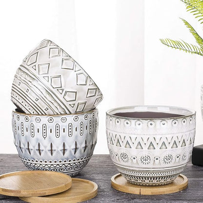 VanEnjoy 5.5 inch Large Round Bohemian Style Ceramic Planter, Geometry Engrave Off White Brown Succulent Planter Flower Pot - Indoor Outdoor Decorative Planter