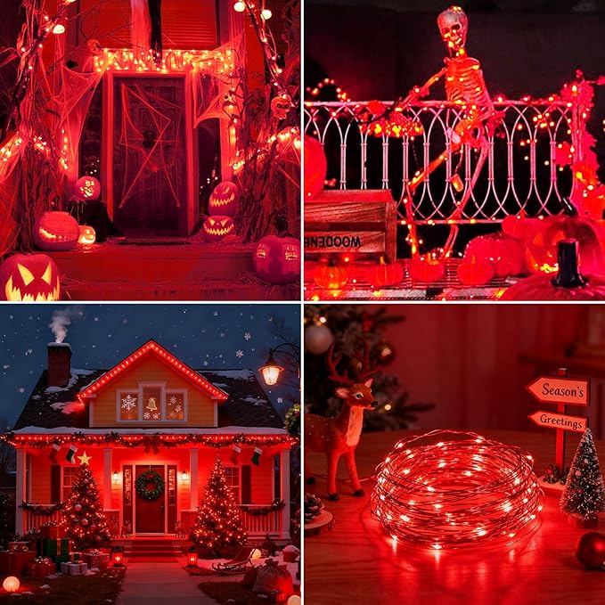 Brightever Outdoor Solar String Lights Waterproof, 2-Pack Total 80FT 200LED Solar Fairy Lights for Outside with 8 Lighting Modes, Solar Twinkle Lights for Yard, Christmas, Party (Red)