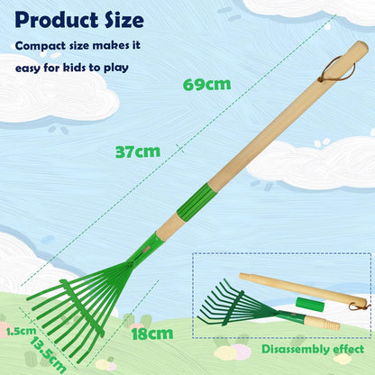 Kids Leaf Rake-Small Wooden Handle Leaf Rake with Metal Tines, 27inches /69cm Length, for Kids Enjoy Garden Cleaning Activities (Green)