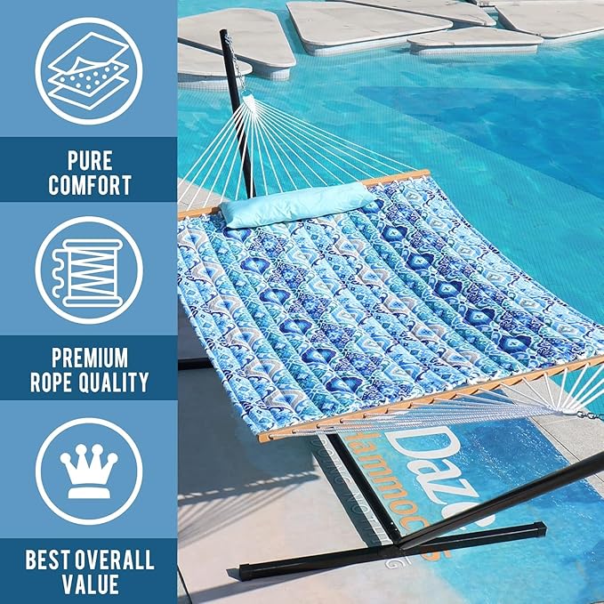 Lazy Daze Hammocks 12FT Quilted Fabric Hammock with Soft Pillow, Double 2 Person Tree Hammock with Spreader Bar for Outdoor Outside Patio Garden Yard Pool Beach, 450lbs Capacity