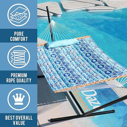 Lazy Daze Hammocks 12FT Quilted Fabric Hammock with Soft Pillow, Double 2 Person Tree Hammock with Spreader Bar for Outdoor Outside Patio Garden Yard Pool Beach, 450lbs Capacity
