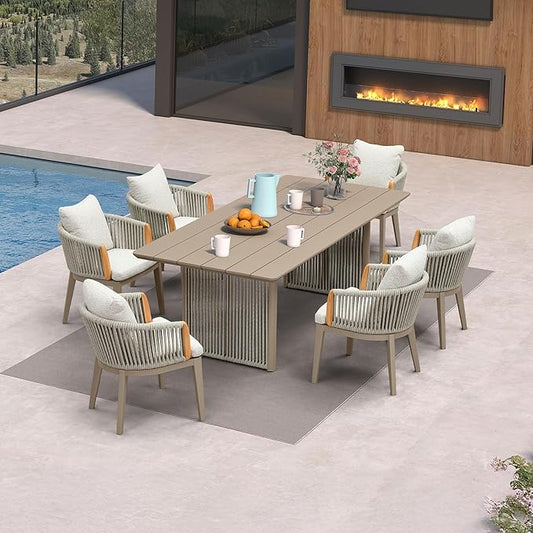PURPLE LEAF 7 Pieces Outdoor Dining Set for 6, Aluminum Outdoor Patio Table and Chairs Set with Olefin Cushions, All-Weather Patio Dining Set for Garden or Deck, Beige