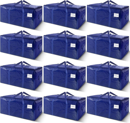 12 Pack Extra Heavy Duty Large Moving Bags with Strong Zipper & Carrying Handles, Sturdy Clothes Storage Bags Totes Bins, Packing Bag Move Boxes College Moving Supplies, Dark Blue - 24 gal
