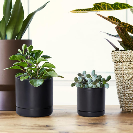 D'vine Dev 3.5 Inch & 4.7 Inch Ceramic Planter Pots for Plants with Drainage Hole and Saucer, X-Small Plant Pots Set, Black, 94-G-XS-2