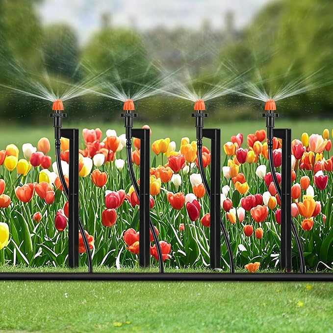 360 Degree Irrigation Sprinkler Heads: Micro Sprinkler Nozzle on 12 Inch Stake with 1/4" Tubing - Drip Spray Emitters for Garden Irrigation System (20 Pack)