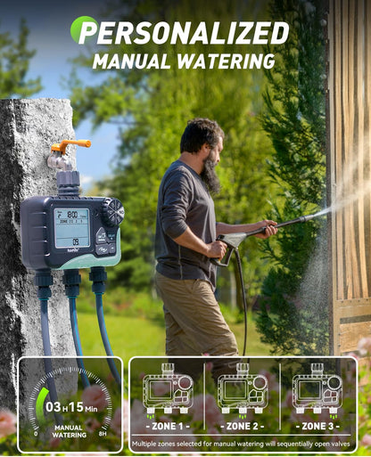 RAINPOINT Sprinkler Timer 3 Zone, Programmable Water Timer for Garden Hose,Hose Faucet Timer, Hose Timers for Watering with Automatic/Manual/Rain Delay/Watering Mode, IP65 Waterproof, Large LCD
