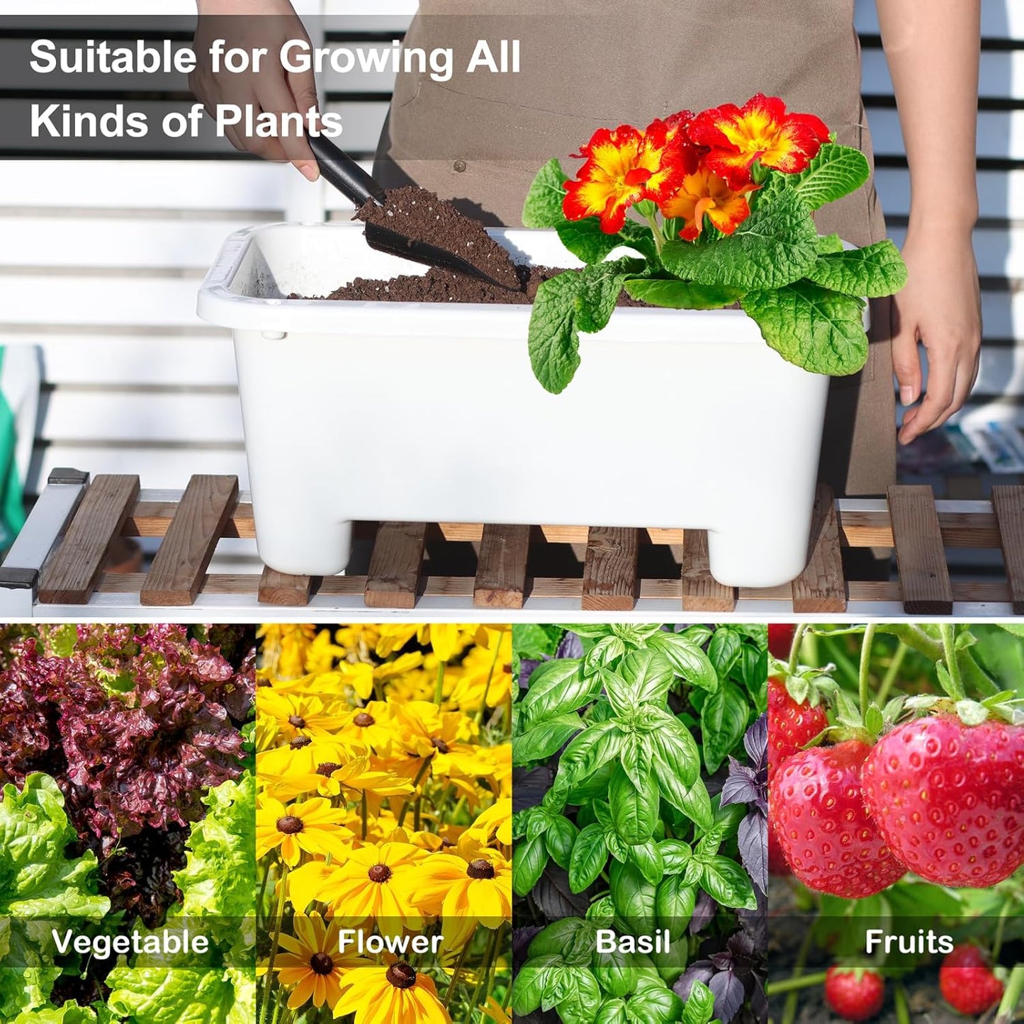 Self-Watering Rectangle Planter Boxes 8-Pack, 15.7-Inch Window Box Planter with Drainage Holes & Trays, Pots for Vegetables, Herbs, Flowers, Garden Windowsill Balcony (White, 15.7*8.3*7.1 inch)