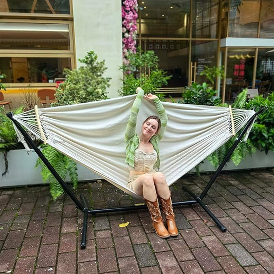 Double Hammock 2 Person Large 220x150cm with Steel Stand and Removable Spreader bar Load 500lb, Canvas Cotton Hammocks for Patio Porch Garden Backyard Outdoor and Indoor