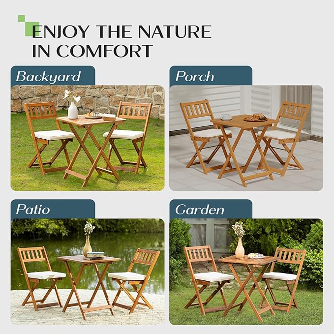 IDZO Heavy Duty 400lbs Capacity Patio Bistro Sets, 3 Piece Outdoor Folding Chairs with Cushions and Square Table, FSC-Certified Acacia Wood, Space-Saving Design for Balcony, Garden and Porch