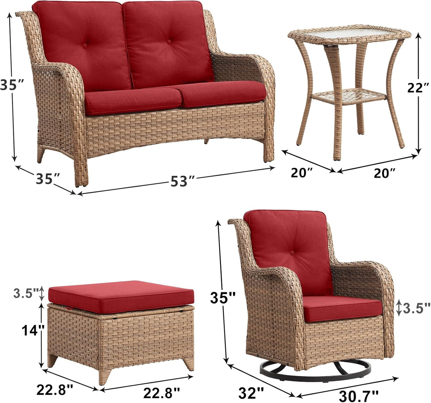 Outdoor Wicker Patio Furniture Set - 6 Piece Rattan Patio Conversation Set with 2 Rocking Swivel Chairs,2 Ottomans,1 Loveseat and 1 Side Table for Porch Deck Backyard Garden(Yellow/Red)