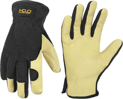 HANDLANDY Leather Work Gloves for Men & Women, Reinforced Durable Garden Gloves, Cowhide Working Glove for Gardening