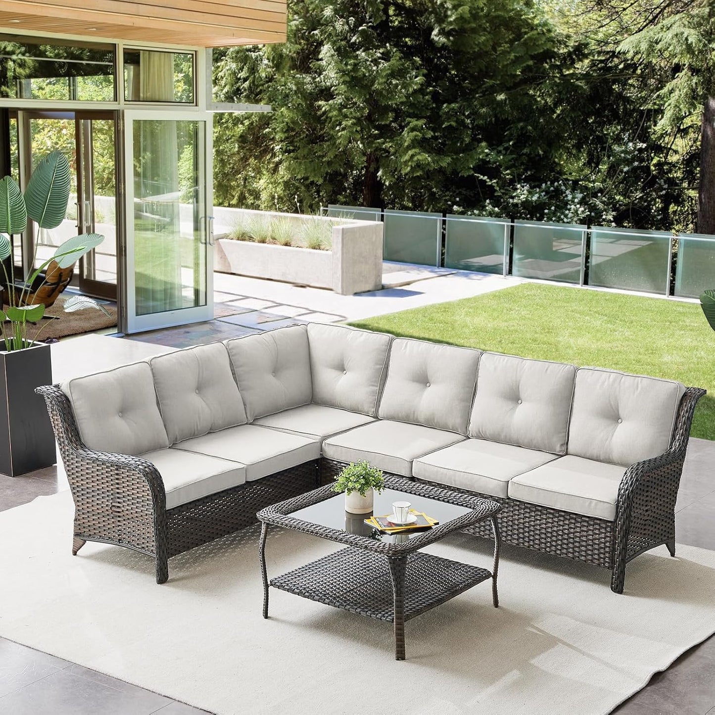 Outdoor Furniture Sectional Sofa L Shaped Couch - Patio Wicker Set with Coffee Table, 3 Piece Rattan Patio Conversation Sets with Beige Cushion for Deck Backyard Sunroom