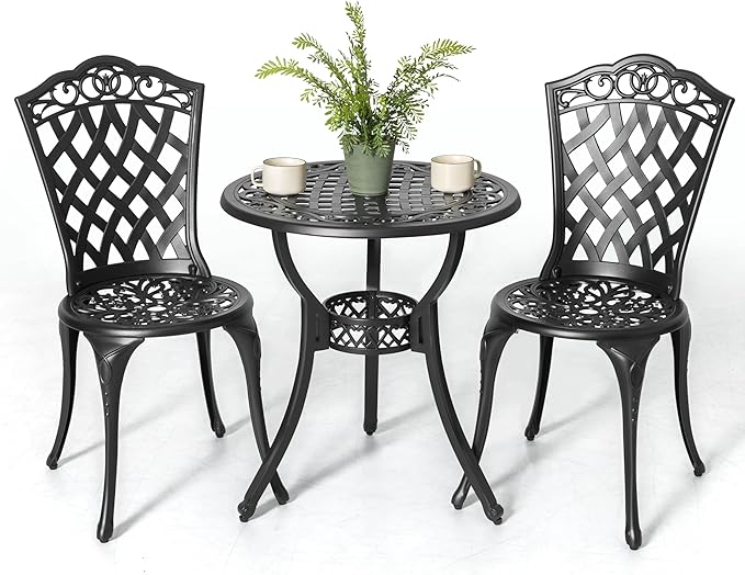 NUU GARDEN 3 Piece Outdoor Bistro Table Set, All Weather Cast Aluminum Patio Bistro Sets Patio Table and Chairs Set of 2 with Umbrella Hole for Yard, Garden, Balcony, Black