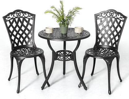 NUU GARDEN 3 Piece Outdoor Bistro Table Set, All Weather Cast Aluminum Patio Bistro Sets Patio Table and Chairs Set of 2 with Umbrella Hole for Yard, Garden, Balcony, Black