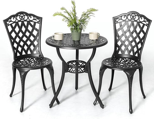 NUU GARDEN 3 Piece Outdoor Bistro Table Set, All Weather Cast Aluminum Patio Bistro Sets Patio Table and Chairs Set of 2 with Umbrella Hole for Yard, Garden, Balcony, Black