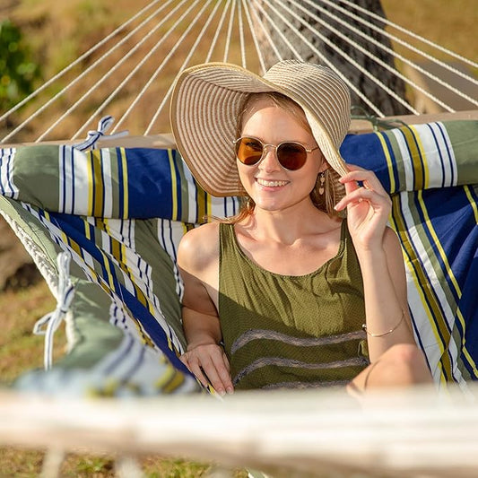 SUNCREAT Hammocks Double Outdoor Hammock with Stand, Cotton Rope Two Person Hammock with Polyester Pad & Large Pillow, Blue& Gray