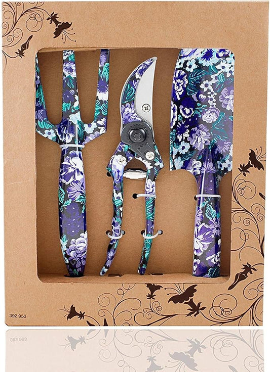 FLORA GUARD Gardening Gifts, 3 Piece Aluminum Garden Tool Set - Trowel, Cultivator, Pruning Shear, Gift Set for Women, Men, Gardening Needs (Purple&Blue)