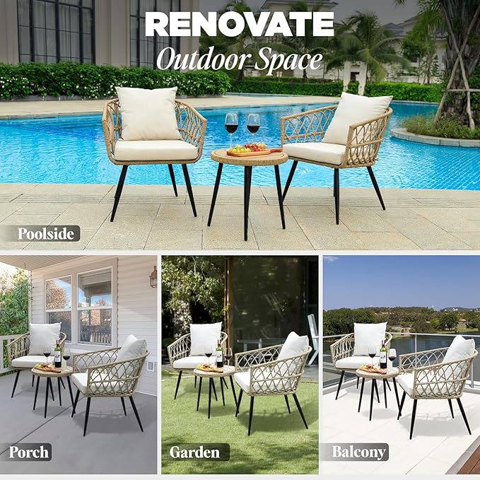 IDZO Heavy Duty 500lbs Weight Capacity Wicker Bistro Table and Chairs Set of 2 with Olefin Fabric Soft Cushions