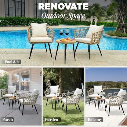 IDZO Heavy Duty 500lbs Weight Capacity Wicker Bistro Table and Chairs Set of 2 with Olefin Fabric Soft Cushions