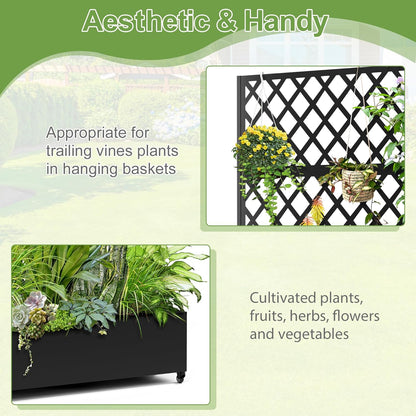 Metal Planter Trellis Box with Wheels & Drain Plug Outdoor Raised Garden Bed Patio Privacy Screen with Planter for Climbing Plants, Vegetables 73"x47"x16" Black-Diamond