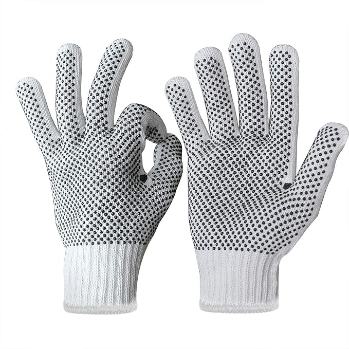 Evridwear Cotton Polyester String Knit Shell Safety Protection Work Gloves for Painter Mechanic Industrial Warehouse Gardening Construction Men & Women 12 Pairs, With Two Side dots, L Size